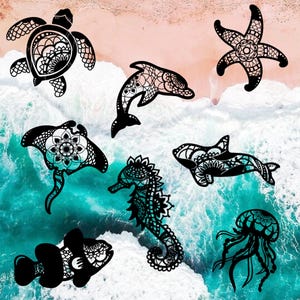 Mandala Meeresbewohner Cut/Stickerdatei. Cricut Vorlage usw. Meeresschildkröte, Manta Rochen, Seestern, Orca, Seestern, Delfin, Qualle, Clownfisch