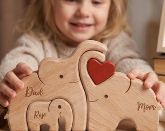 Rompecabezas de madera personalizado con forma de familia de elefantes, regalo personalizado con nombre para mamá, padres, aniversario, baby shower, decoración de la habitación del bebé.