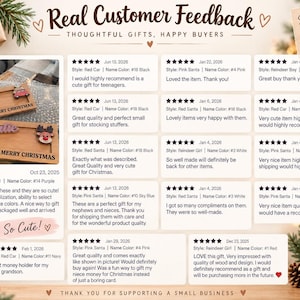 K&ouml;nnte beinhalten: Eine Werbegrafik mit Kundenbewertungen f&uuml;r personalisierte Geldgeschenkhalter aus Holz. Das Bild enth&auml;lt den Text Real Customer Feedback, Thoughtful Gifts, Happy Buyers und zeigt zwei Holzhalter mit den Namen John und Katie.
