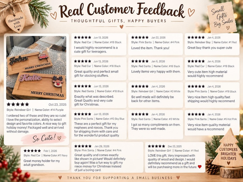 K&ouml;nnte beinhalten: Eine Werbegrafik mit Kundenbewertungen f&uuml;r personalisierte Geldgeschenkhalter aus Holz. Das Bild enth&auml;lt den Text Real Customer Feedback, Thoughtful Gifts, Happy Buyers und zeigt zwei Holzhalter mit den Namen John und Katie.