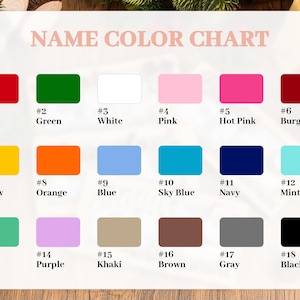 K&ouml;nnte beinhalten: Eine rechteckige Farbkarte mit achtzehn beschrifteten Farbfeldern, die in drei Reihen angeordnet sind. Die Farben umfassen Rot, Gr&uuml;n, Wei&szlig;, Rosa, Pink, Burgunderrot, Gelb, Orange, Blau, Himmelblau, Marineblau, Mint, See, Lila, Khaki, Braun, Grau und Schwarz.