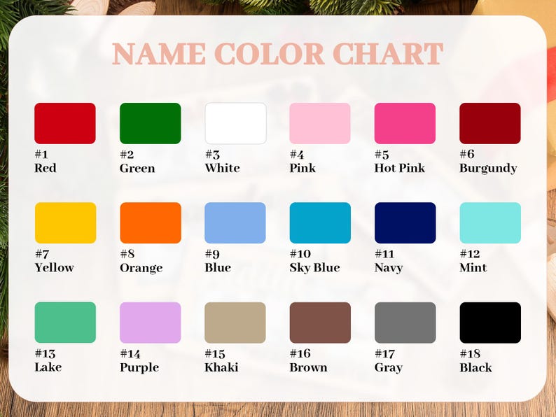 K&ouml;nnte beinhalten: Eine rechteckige Farbkarte mit achtzehn beschrifteten Farbfeldern, die in drei Reihen angeordnet sind. Die Farben umfassen Rot, Gr&uuml;n, Wei&szlig;, Rosa, Pink, Burgunderrot, Gelb, Orange, Blau, Himmelblau, Marineblau, Mint, See, Lila, Khaki, Braun, Grau und Schwarz.