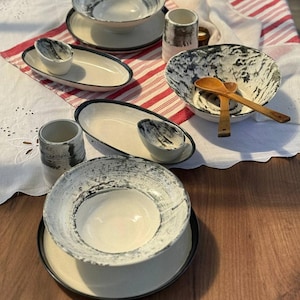 Handmade Ceramic Dinnerware Set for 2 | Plates, Pasta Bowls, Serving Dish, Sauce Bowl & Cups | Modern Black Cappuccino Tableware