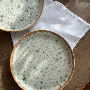 以下が含まれることがあります： 緑色の斑点模様と茶色の縁取りが施されたセラミック製のプレートが2枚。プレートは木製の表面に白い布のナプキンと一緒に置かれています。