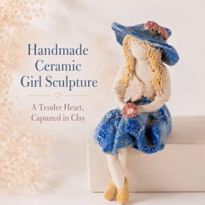 Handmade Ceramic Girl Sculpture, Blue Dress Figurine, Sitting Feminine Statue, Cottagecore Decor, Unique Ceramic Gift
