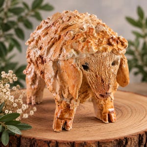 May include: A hand-sculpted ceramic sheep figurine featuring a glossy, textured finish in shades of warm tan and light brown. The sculpture displays intricate, layered details representing woolly fleece, a defined snout, and drooping ears.