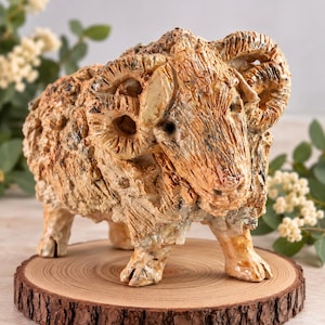 Handcrafted Ceramic Sheep Curled Horns, Rustic Ram Figurine, Unique Artisan Animal Sculpture, OOAK Gift