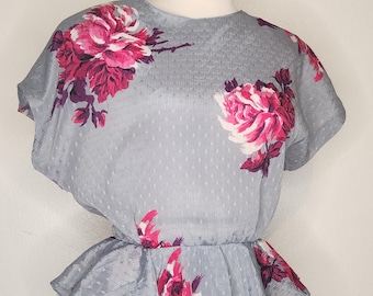 Vintage Kardessa Peplum Dress, Made in USA, Floral Print. 80s does 40s.