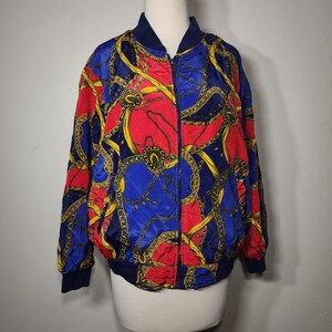 Vintage 80s 90s Jacqueline Ferrar Quilted Chain Print Bomber Jacket | Royal Blue & Red Statement piece