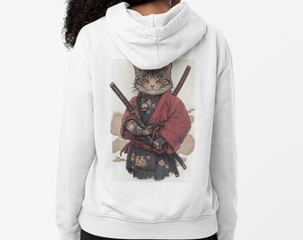Bluza z kapturem z nadrukiem Samurai Cat Back: japońska bluza streetwearowa