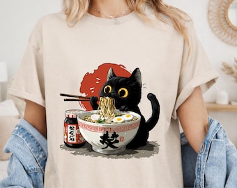 Black Cat Ramen Shirt, Cute Cat Eating Noodles Tee, Kawaii Cat Shirt, Anime Food Shirt, Funny Cat Lover Gift, Japanese Ramen Shirt