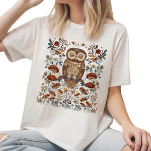 Boho Vintage Owl Mushroom T-Shirt- Gildan 5000 Unisex Tee with Woodland Forest Graphic