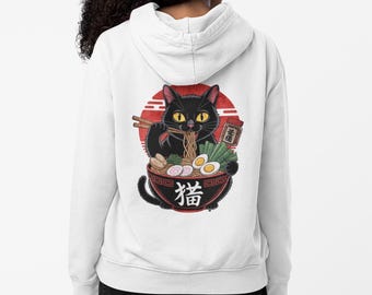 Bluza z kapturem Ramen Cat Back Print: japońska bluza streetwearowa