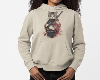 Sweat à capuche Samurai Cat Warrior : pull à imprimé kimono japonais