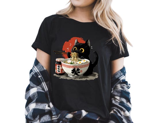 Black Cat Ramen Shirt, Cute Cat Eating Noodles Tee, Kawaii Cat Shirt, Anime Food Shirt, Funny Cat Lover Gift, Japanese Ramen Shirt