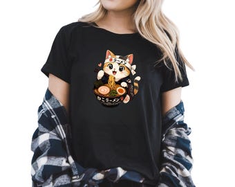 Kawaii Ramen Cat Shirt, Cute Cat Eating Noodles Tee, Anime Cat Shirt, Japanese Ramen Cat Tee, Funny Cat Lover Gift