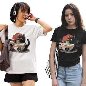 Black Cat Ramen Shirt, Cute Cat Eating Noodles Tee, Kawaii Cat Shirt, Anime Food Shirt, Funny Cat Lover Gift, Japanese Ramen Shirt image 2