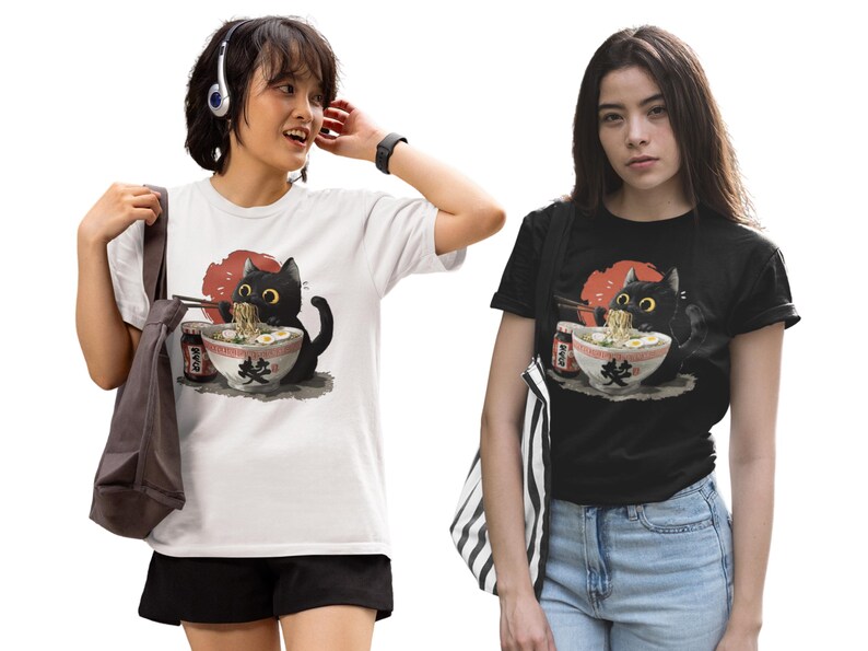 Black Cat Ramen Shirt, Cute Cat Eating Noodles Tee, Kawaii Cat Shirt, Anime Food Shirt, Funny Cat Lover Gift, Japanese Ramen Shirt image 2