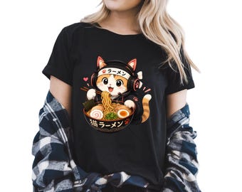 Ramen Cat Shirt, Kawaii Cat Tee, Gamer Anime Cat Shirt, Cat Eating Ramen Shirt, Japanese Cat Lover Gift