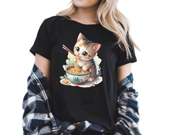 Cute Cat Ramen Shirt, Kawaii Cat Tee, Cat Lover Shirt, Funny Cat Eating Noodles, Anime Cat Shirt, Cat Gift for Women, Cute Animal Tee