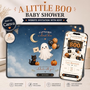 May include: A digital baby shower invitation template featuring a ghost, black cat, and pumpkins on a dark blue background. The design includes text reading A LITTLE BOO IS ALMOST DUE and WE CAN'T WAIT TO CELEBRATE WITH YOU, with a mobile phone display showing event details.
