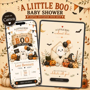 Puede incluir: Una plantilla de invitación digital para baby shower con temática de Halloween que incluye un fantasma, un gato negro, calabazas y globos. El texto dice A LITTLE BOO BABY SHOWER, A LITTLE BOO IS ALMOST DUE, Leo Bennett, 20 de junio, 202X, 1 PM.