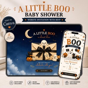 Puede incluir: Una plantilla de invitación digital para baby shower con un fondo de cielo nocturno azul oscuro, una luna creciente, un fantasma en un sobre, un gato negro y calabazas. El texto dice A LITTLE BOO BABY SHOWER y A LITTLE BOO is almost due.