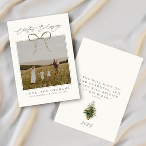 Customizable Christian Christmas Card Template | Bow | Pine Tree | Bible Verse | Digital Download | 5x7 Inches