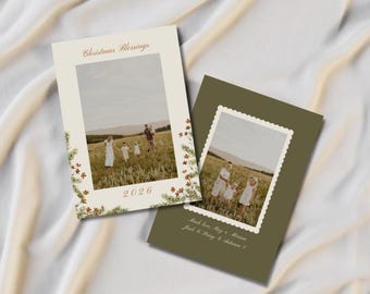 Modèle de carte de Noël personnalisable | Téléchargement numérique | 12,7 x 17,8 cm | Fleurs de Noël | Pin | 2026