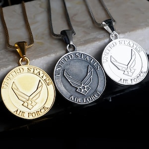 Gold US Air Force Pendant, US Air Force Medallion 925 Sterling Silver, American Military Necklace, United States Air Force Emblem Necklace