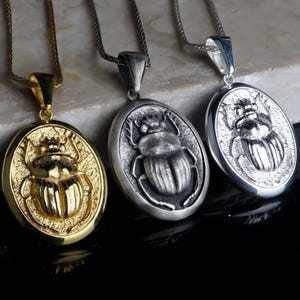 Gold Scarab Medallion, Scarab Beetle Pendant Sterling Silver, Unique Insect Necklace, Egyptian Scarab Charm, Bug Necklace, Scarab Jewelry