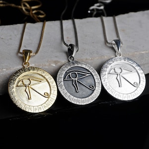 Gold Eye of Horus Medallion, Eye of Ra Pendant Sterling Silver, Egyptian Horus Eye Necklace, Unisex Ancient Egyptian Charm, Egyptian Jewelry
