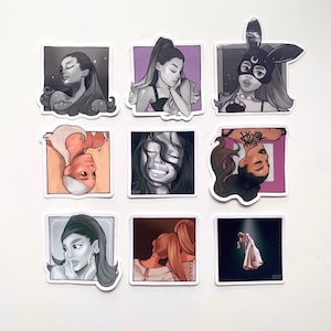May include: A collection of nine square stickers featuring stylized illustrations of a person with a high ponytail. The designs include various poses, a bunny mask, and monochromatic color palettes with accents of purple, peach, and black.