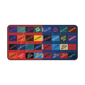 May include: A rectangular mat with a red and blue background, divided vertically. The mat features rectangular labels with city names like Buffalo, Dallas, and Seattle. The labels are in various colors and fonts.