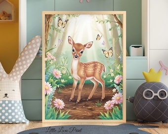 Fawn Nursery Art Print: Blue Forest Woodland Deer