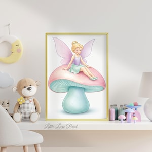 Pastel Fairy Sitting on Pink and Aqua Mushroom | Whimsical Nursery Wall Art | Girls Room Printable | Instant Digital Download