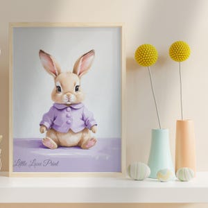 Bunny Poster with Purple Clothes, Cute Animal Wall Art for Kids Room or Nursery Decor, Playful Bunny Illustration Print