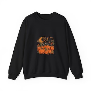 Bluza z nadrukiem Czarne Koty i Dynie, Okrągły Dekolt z Półksiężycem na Halloween, Bluza unisex w stylu vintage, jesień