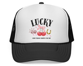 Lucky Cherry Graphic Trucker | cherries, horseshoe, floral design