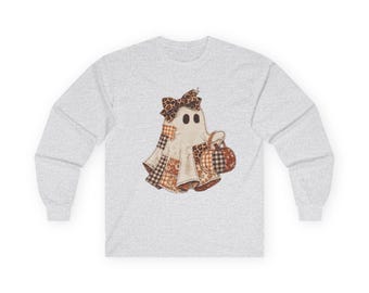 Plaid Patchwork Ghost Long Sleeve Tee | Fall Halloween Shirt