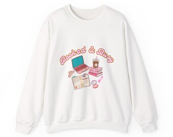 Booked & Busy Sweatshirt | Cozy Study Embroidered Laptop, Planner, Coffee