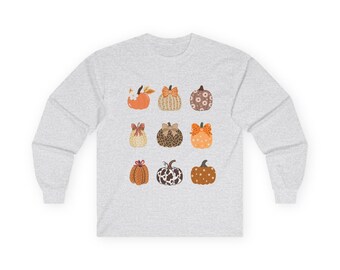 Autumn Pattern Pumpkins Long Sleeve Tee | Fall Pumpkin Grid Shirt