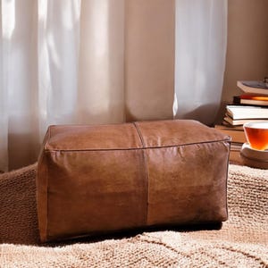 Benutzerdefinierter rechteckiger Ottoman-Hocker aus Leder - Marokkanischer Pouf, großer Leder-Fußhocker, Boho-Wohnzimmerdekor, braunes Ottoman-Bodenkissen