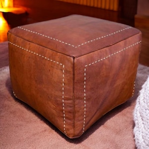 Authentieke lederen Ottomaanse poef, onbemande poef, Marokkaanse leren poef, vierkante leren poef, handgemaakte Boho Home Decor
