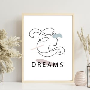 Minimalist Line Art Printable Wall Art | &quot;DREAMS&quot; Abstract Face Drawing | Modern Boho Digital Download