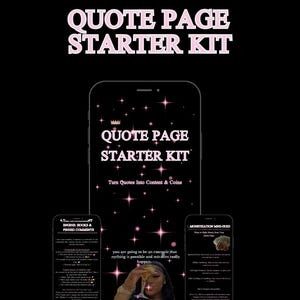 May include: A black background with the text "QUOTE PAGE STARTER KIT" in pink. The image features a smartphone displaying the same text, along with smaller screens showing content and monetization tips. The phrase "Turn Quotes Into Content & Coins" is also visible.