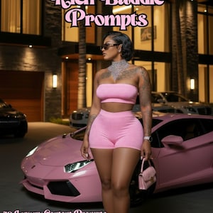 May include: A woman in a pink tube top and shorts stands next to a pink sports car. The image has text that reads "Rich Baddie Prompts" and "50 Luxury Content Prompts". The woman is wearing sunglasses and a diamond necklace.