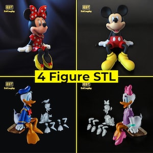 4 file STL di personaggi dei cartoni animati, Topolino Disney, Minnie Mouse, Paperino, Daisy, modello 3D, STL di alta qualità