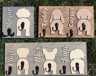 Personalized Dog Leash Holder: Wooden Wall Hanger with Custom Name