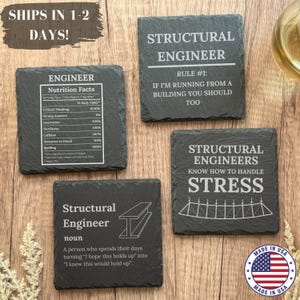 May include: Set of four black slate coasters with white text. The coasters feature humorous sayings about structural engineers. One coaster says "Structural Engineer, Rule #1: If I'm running from a building you should too". Another coaster says "Structural Engineers know how to handle stress". A third coaster says "Structural Engineer, noun, A person who spends their days turning 'I hope this holds up' into 'I knew this would hold up'". The fourth coaster has a table with a nutrition facts label for an engineer, with categories like critical thinking, innovation, nerdiness, caffeine, attention to detail, and spelling.